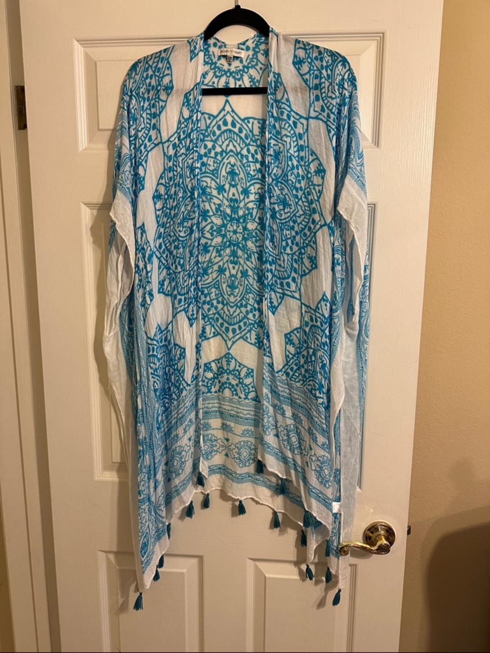 Woven Heart Boho Kimono Cape With Tassels White and Turquoise